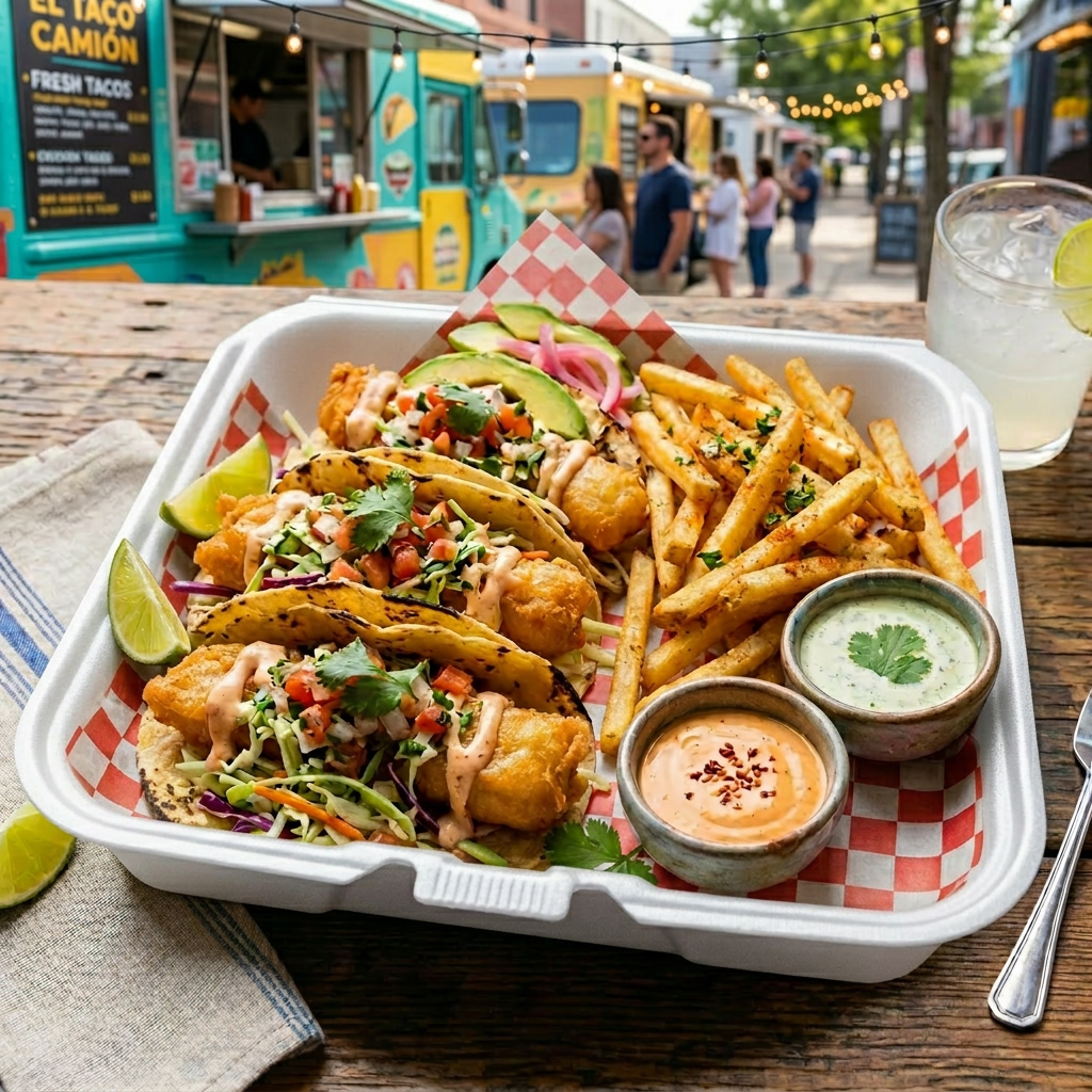 Three fish tacos with cabbage slaw, pico de gallo, avocado slices, lime wedges, seasoned fries, and dipping sauces on a white plate