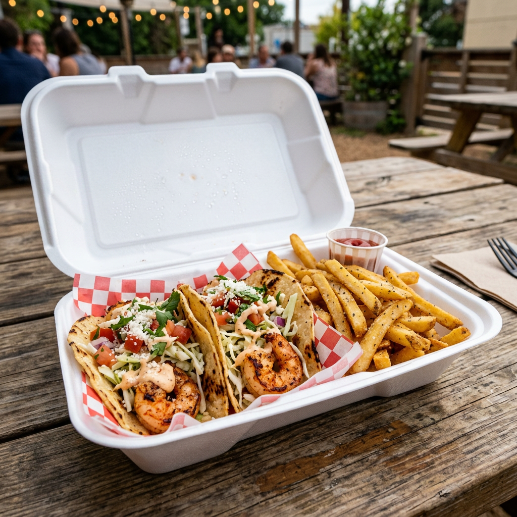 Two shrimp tacos with fries in clamshell box